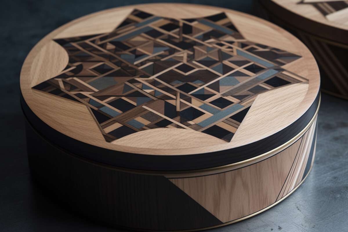 Belle boîte en bois avec rosace et formes géométriques » IA générative