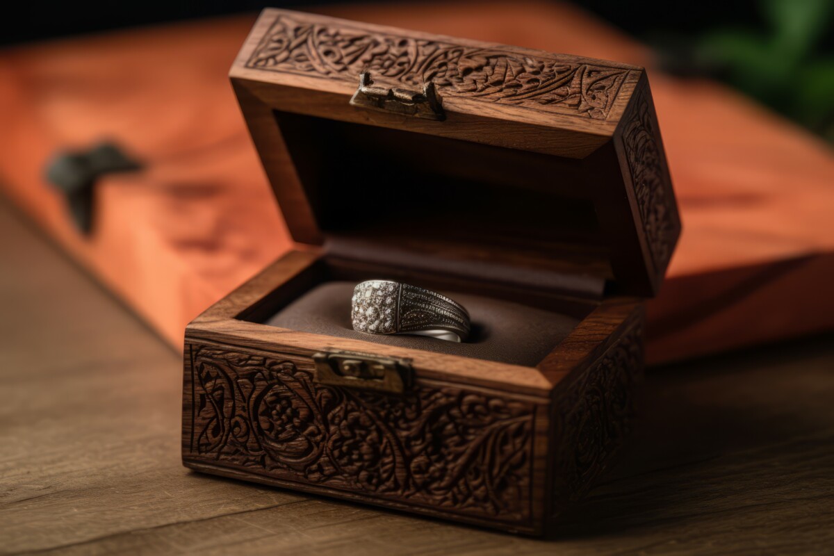 Crafted wooden jewelry box with silver ring. Object single ornate art decoration. Generate Ai